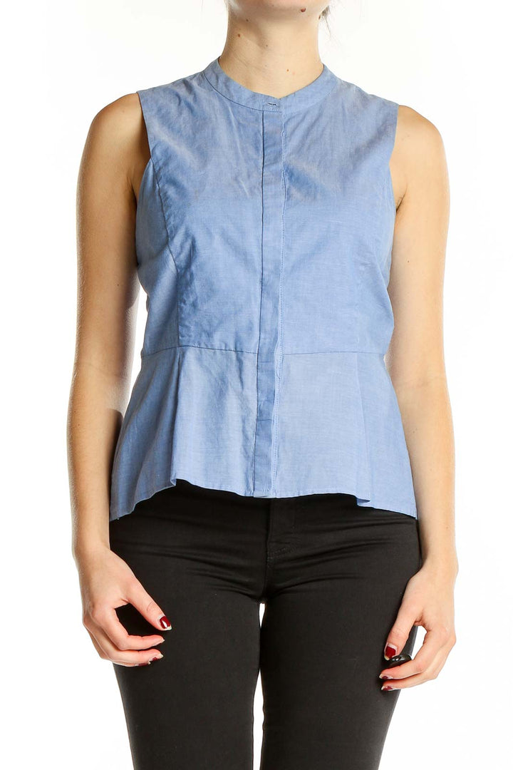Front view of BCBG MaxAzria light blue sleeveless peplum top with mandarin collar
