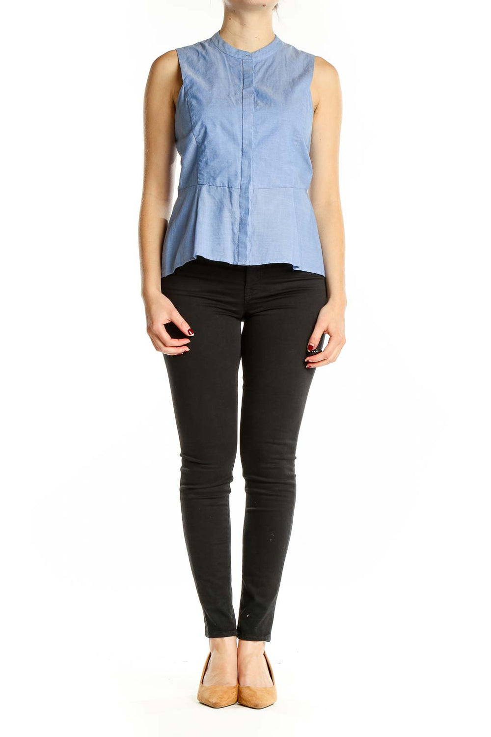 Front view of BCBG MaxAzria light blue sleeveless peplum top with mandarin collar