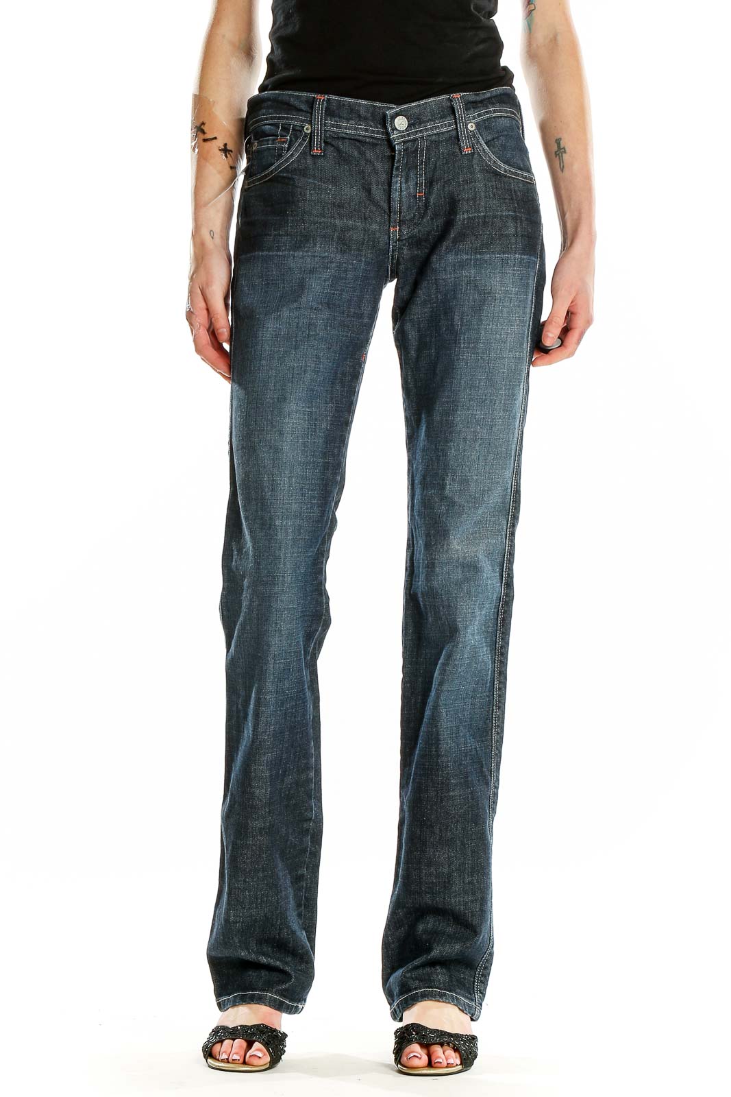 Front view of James Cured by Sean dark blue straight leg jeans on model