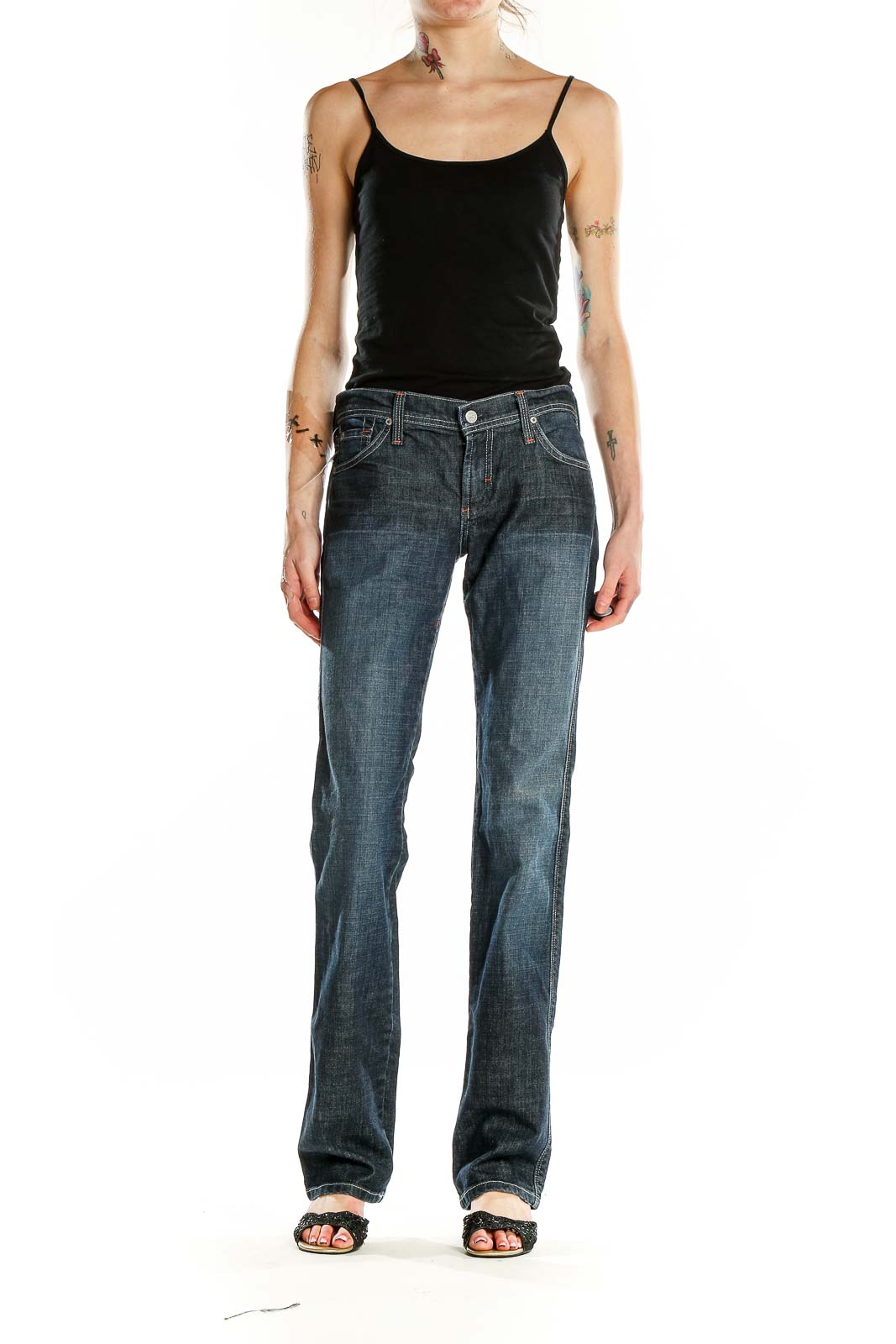 Front view of James Cured by Sean dark blue straight leg jeans on model