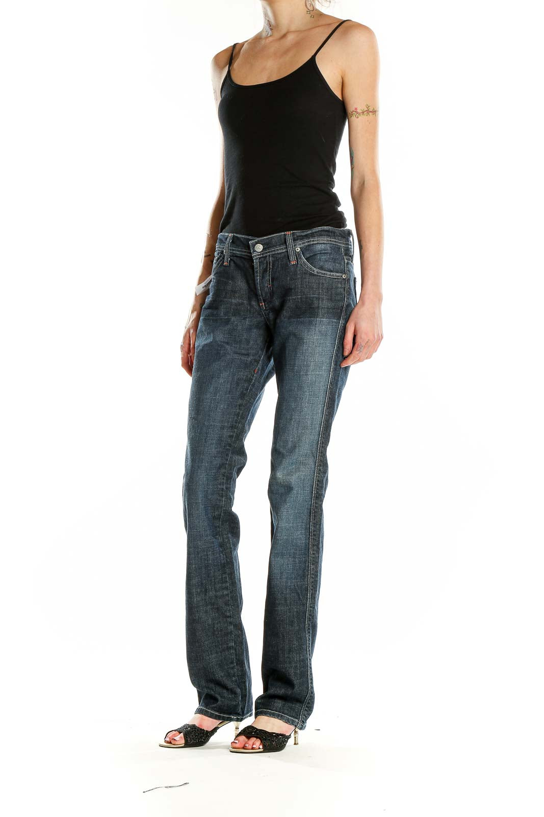 Front view of James Cured by Sean dark blue straight leg jeans on model