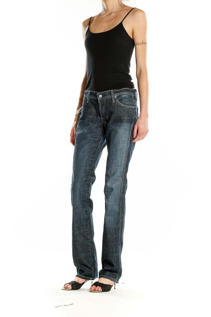 Front view of James Cured by Sean dark blue straight leg jeans on model