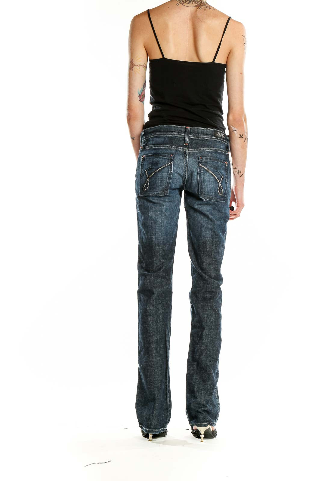 Back view of James Cured by Sean dark blue straight leg jeans showing pocket design
