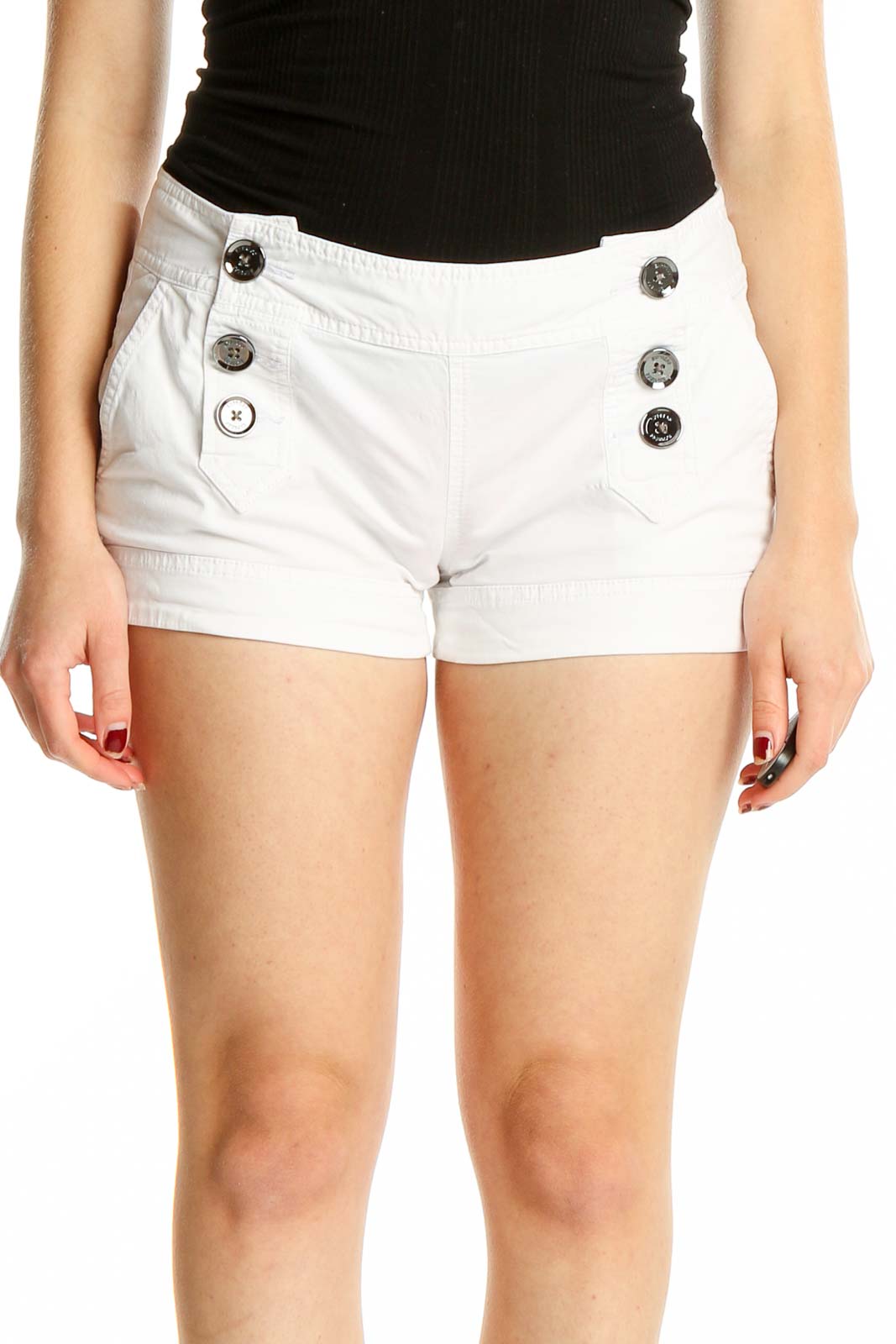 Front view of white Express shorts with button detail