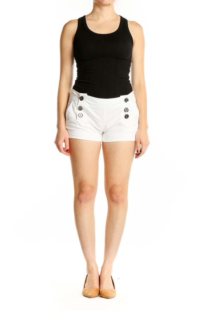 Front view of white Express shorts with button detail