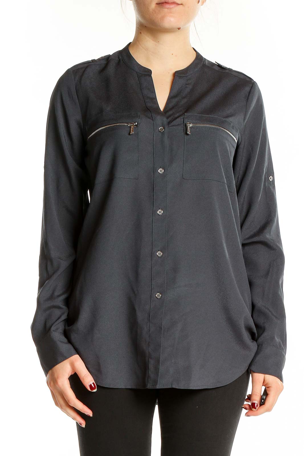 Front view of Calvin Klein charcoal blouse with zip pockets and mandarin collar