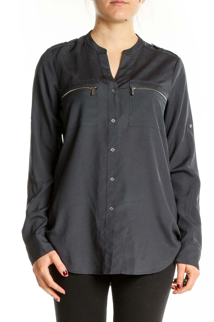 Front view of Calvin Klein charcoal blouse with zip pockets and mandarin collar