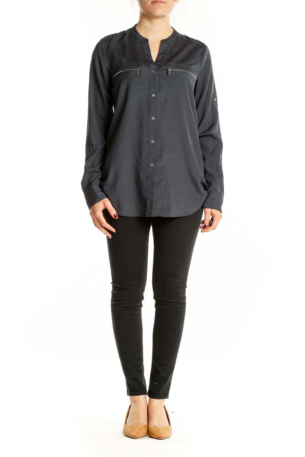 Front view of Calvin Klein charcoal blouse with zip pockets and mandarin collar