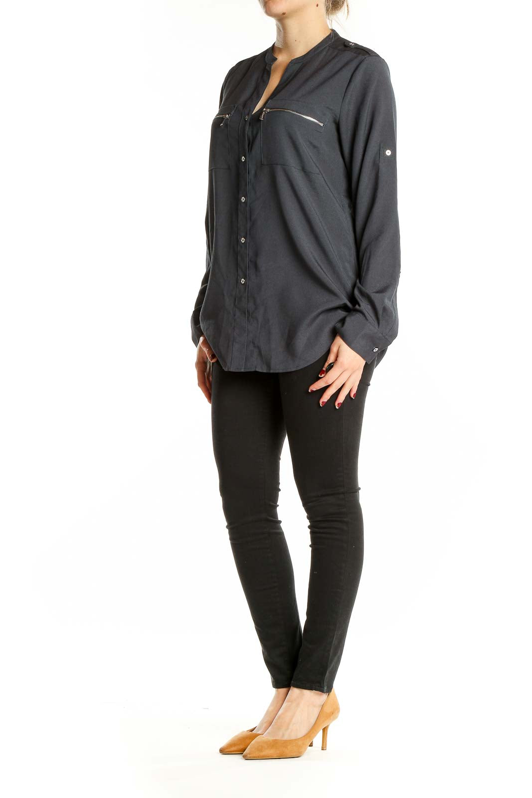 Front view of Calvin Klein charcoal blouse with zip pockets and mandarin collar