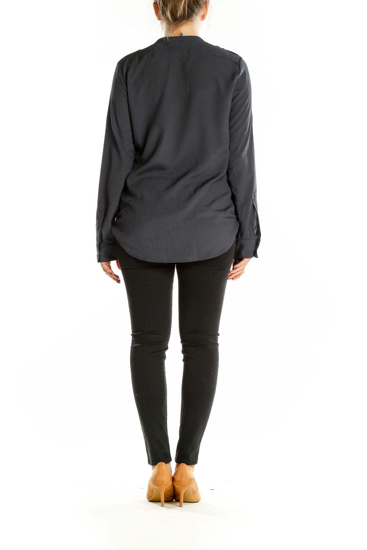 Back view of Calvin Klein charcoal button-down blouse showing relaxed fit