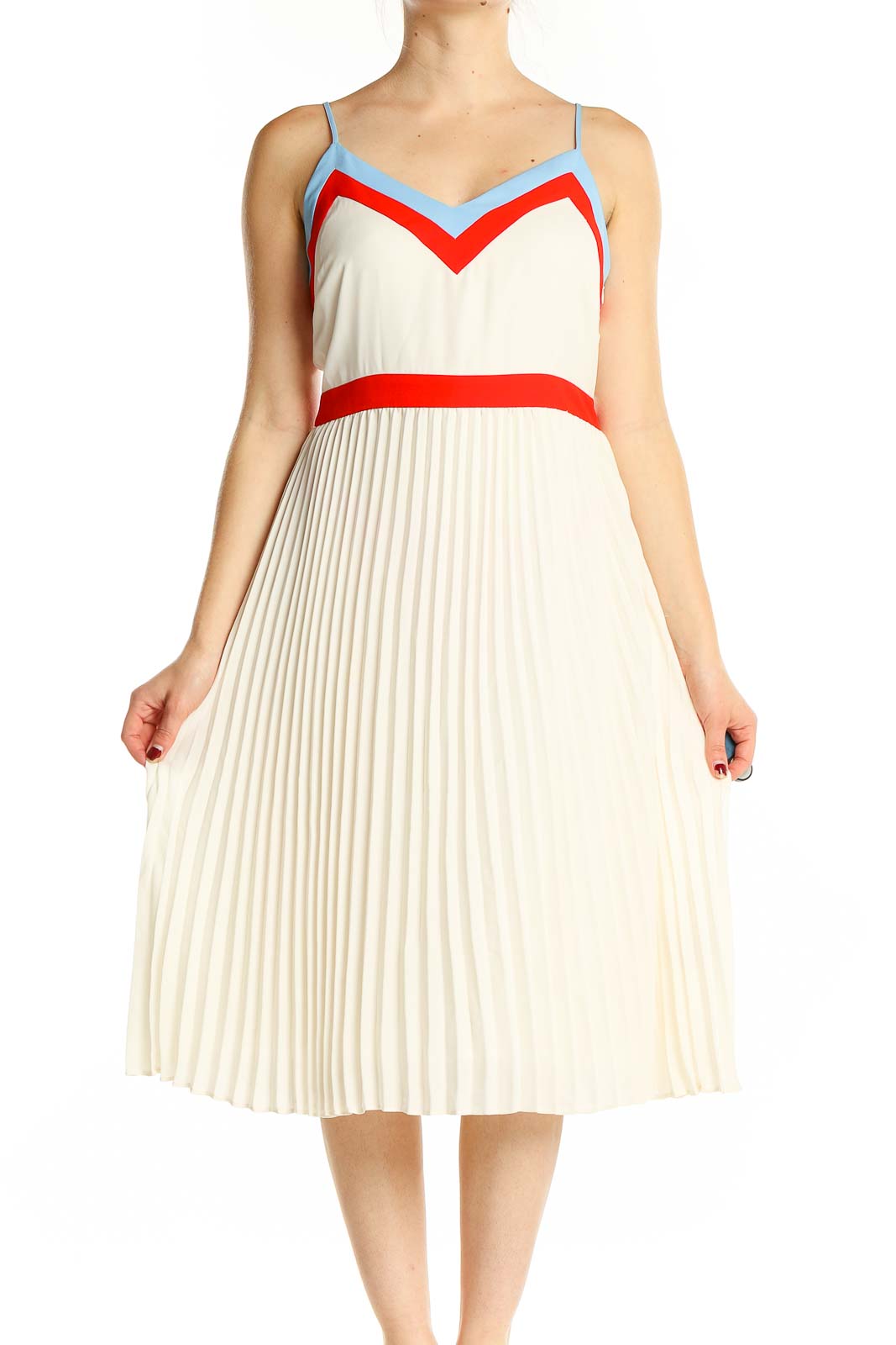 banana republic white dress Banana Republic White Pleated Midi Dress with Color Accents