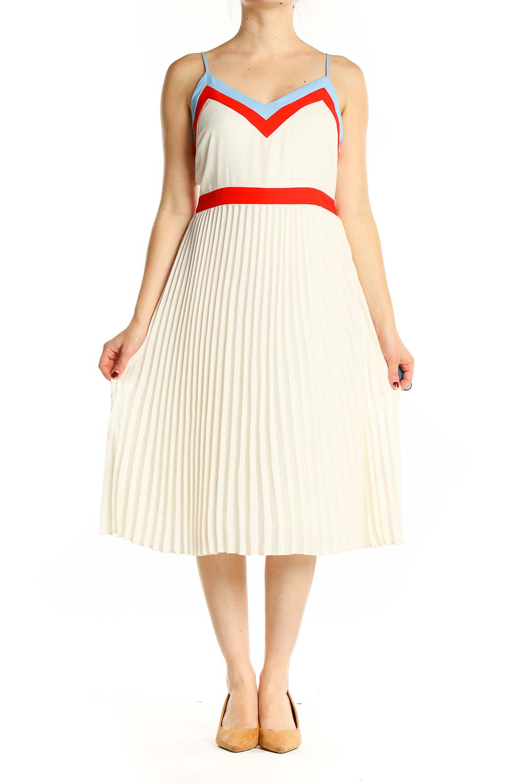 White Pleated Midi Dress with Color Accents