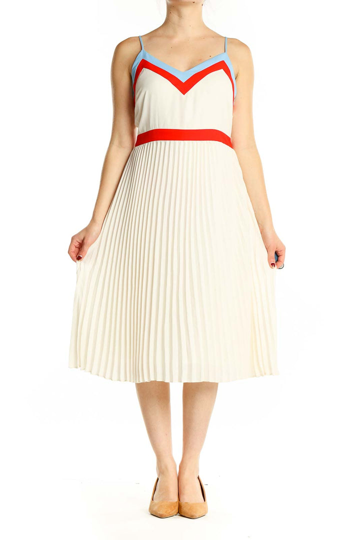White Pleated Midi Dress with Color Accents