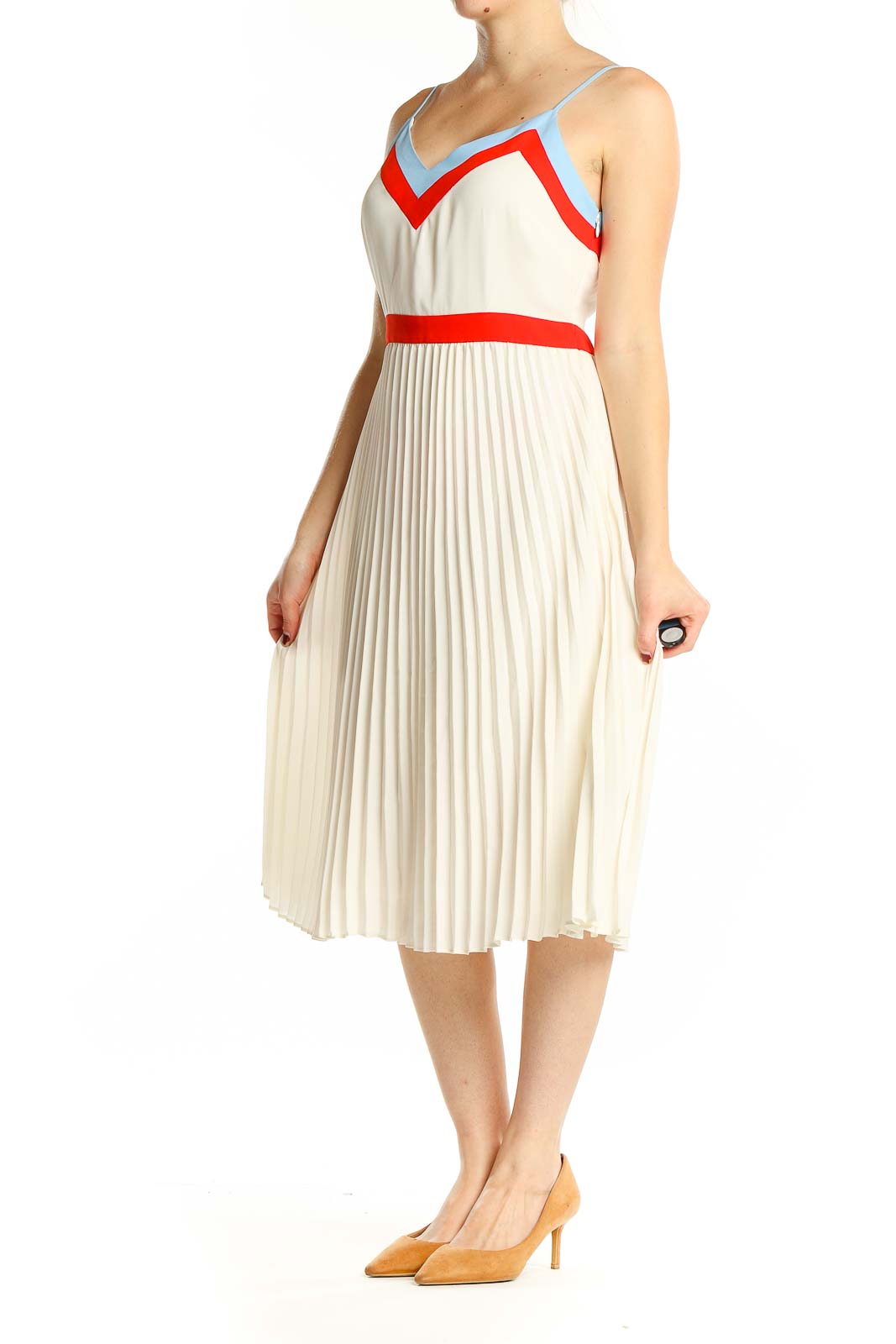 White Pleated Midi Dress with Color Accents