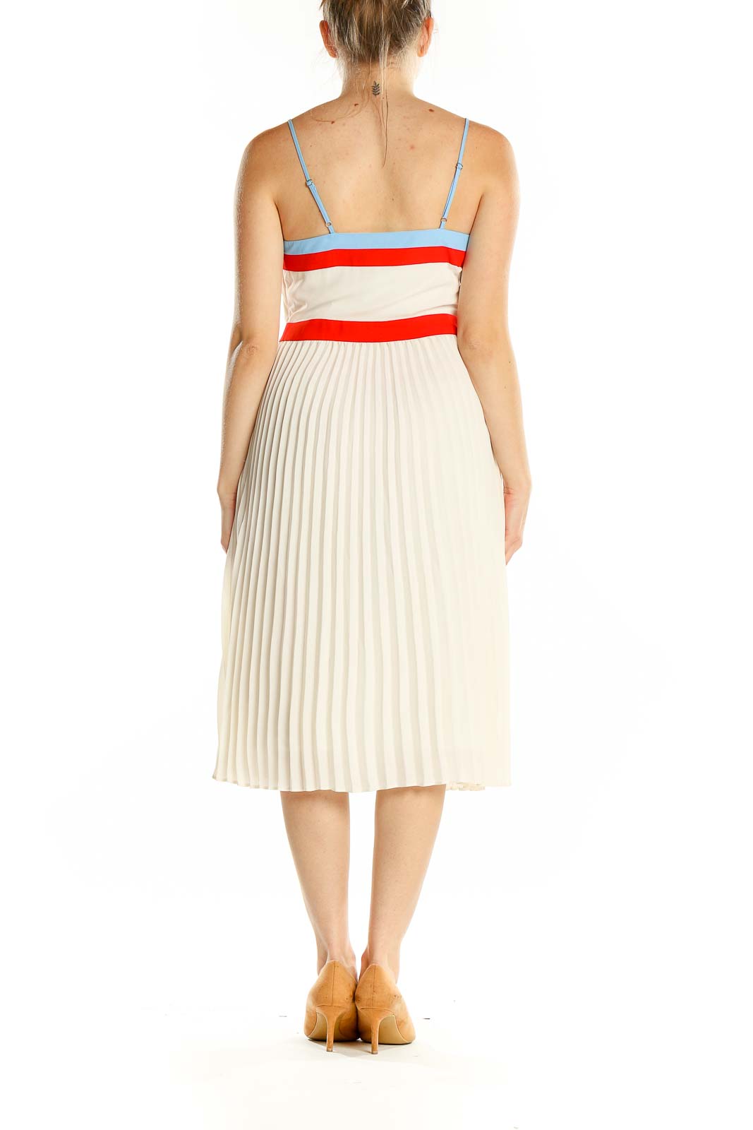 White Pleated Midi Dress with Color Accents