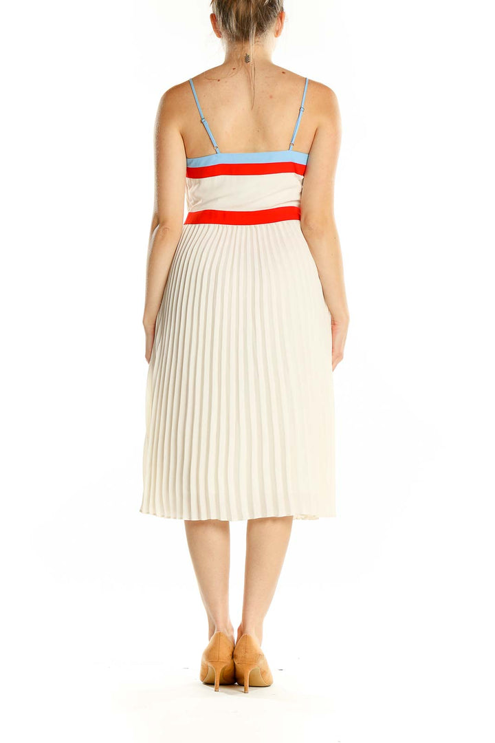 White Pleated Midi Dress with Color Accents