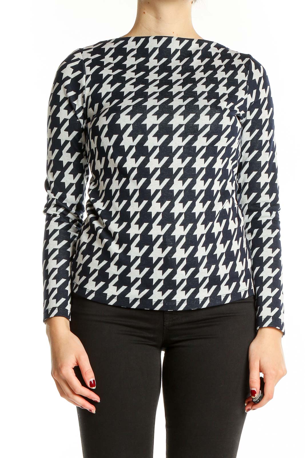 Front view of Ann Taylor Navy and White Houndstooth Long Sleeve Top