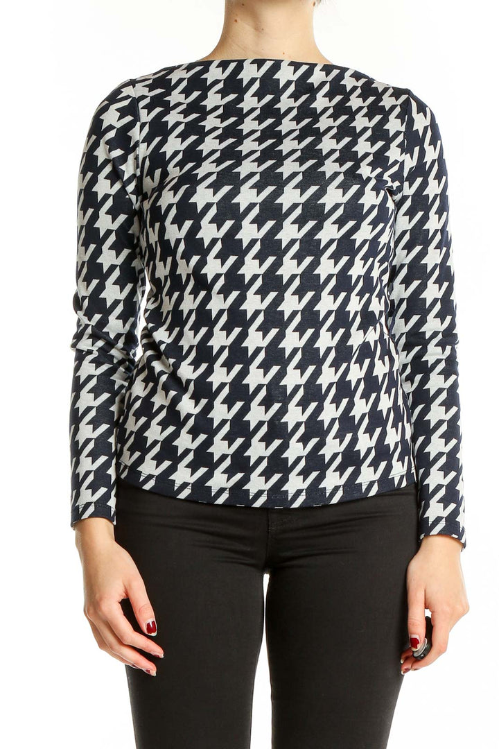 Front view of Ann Taylor Navy and White Houndstooth Long Sleeve Top