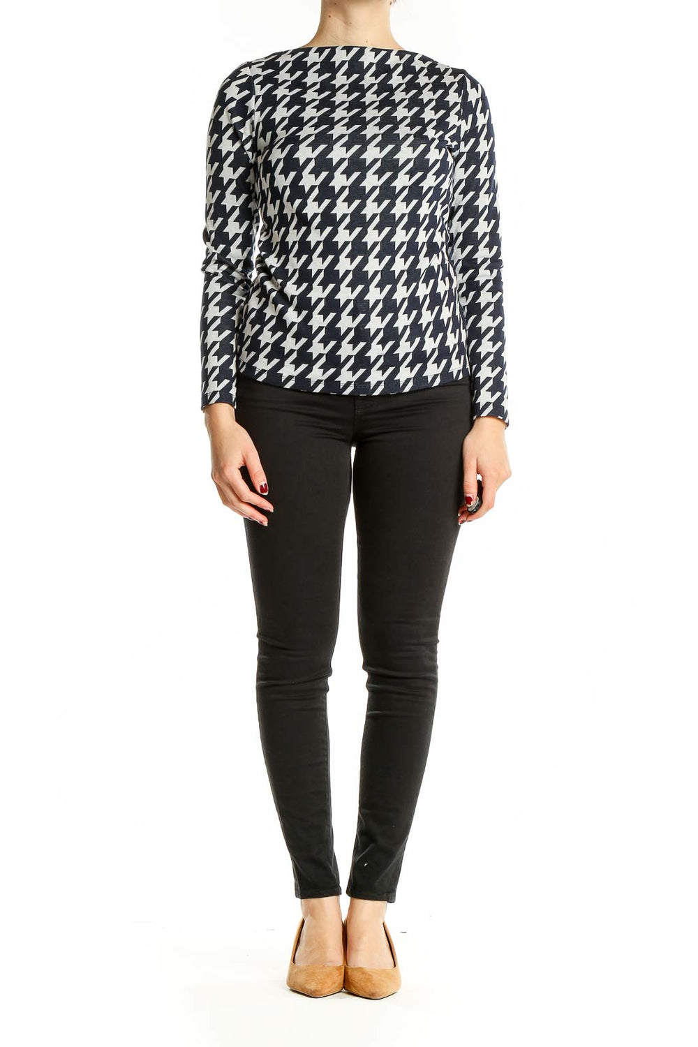Front view of Ann Taylor Navy and White Houndstooth Long Sleeve Top