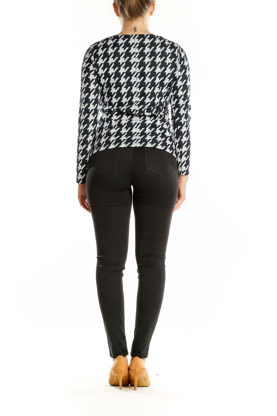 Back view of Ann Taylor Navy and White Houndstooth Long Sleeve Top