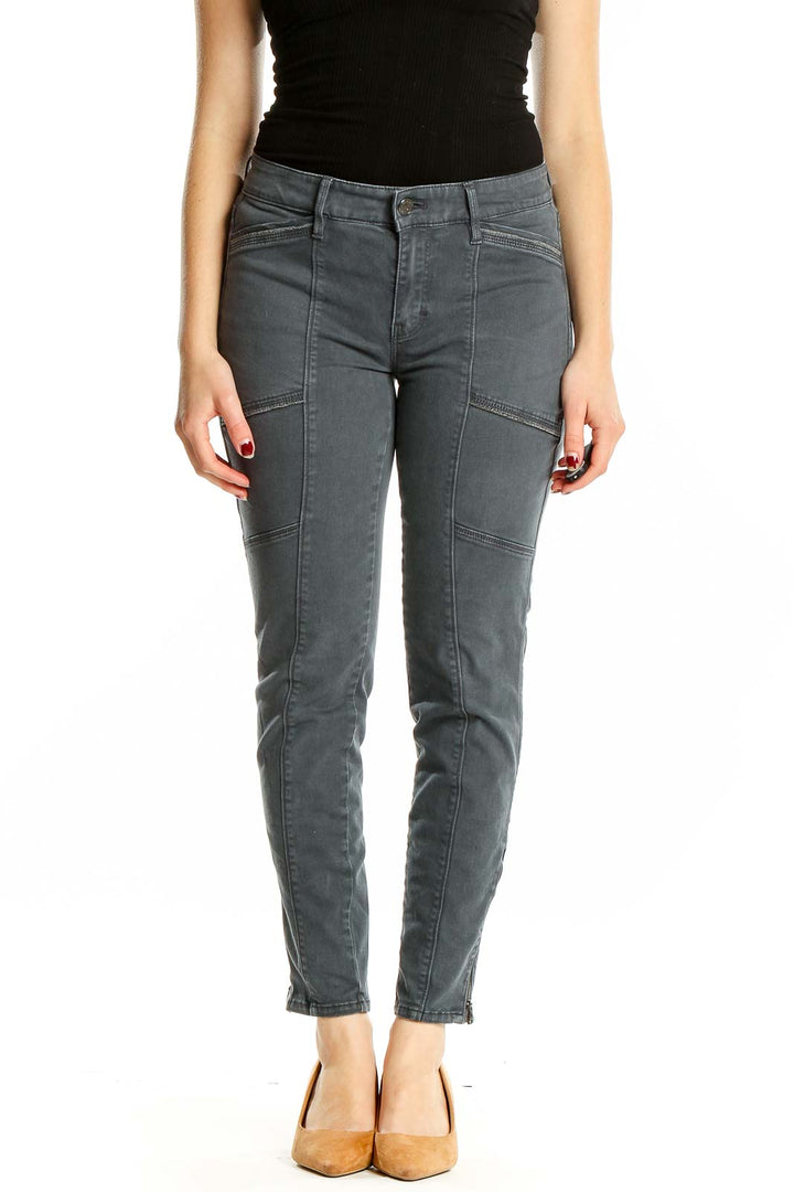 Front view of White House Black Market gray slim fit ankle jeans with utility-style pockets