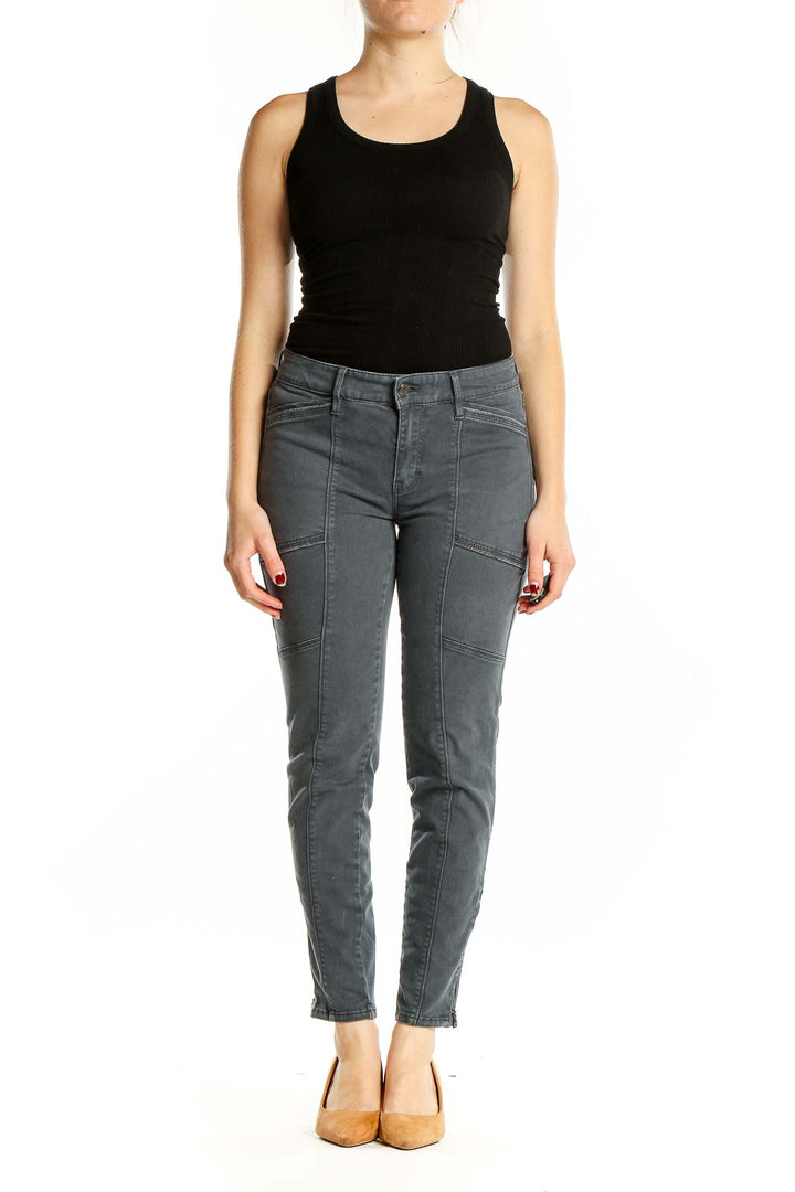 Front view of White House Black Market gray slim fit ankle jeans with utility-style pockets