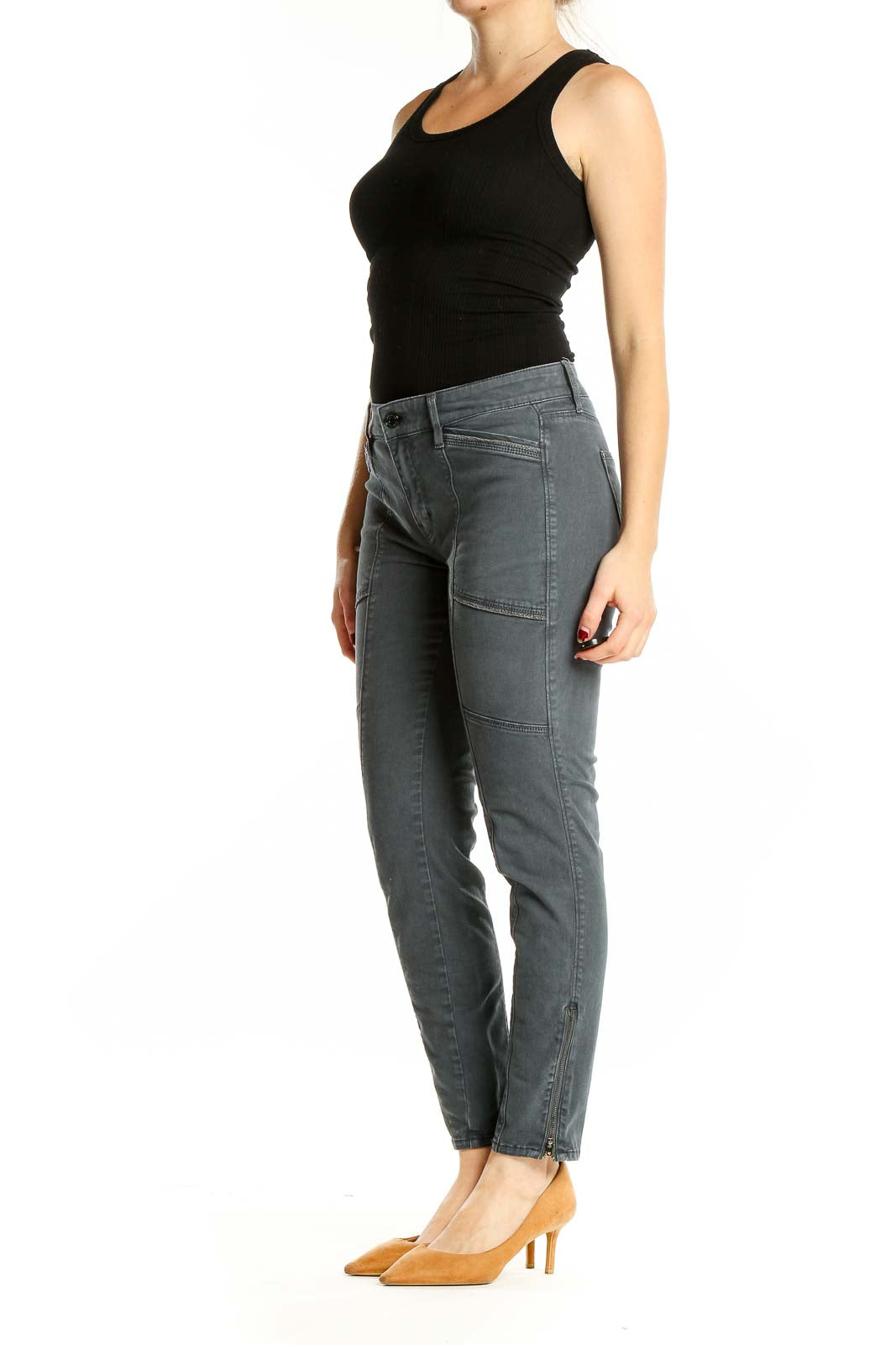 Front view of White House Black Market gray slim fit ankle jeans with utility-style pockets