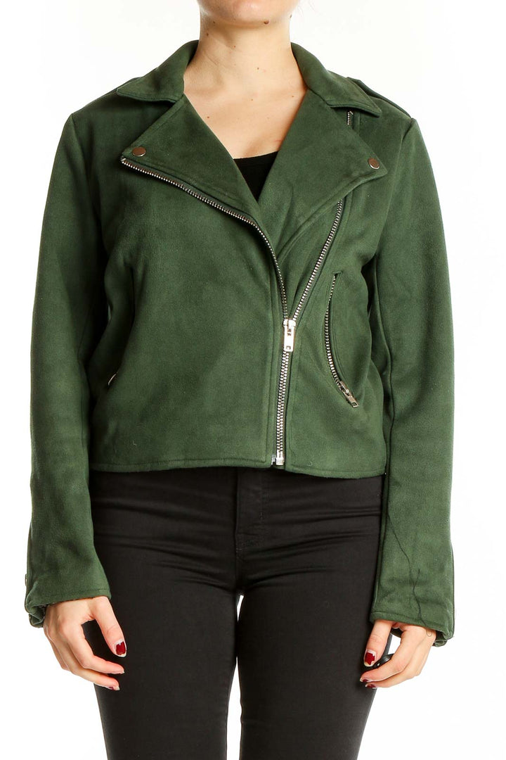 Front view of green suede moto jacket with asymmetrical zipper