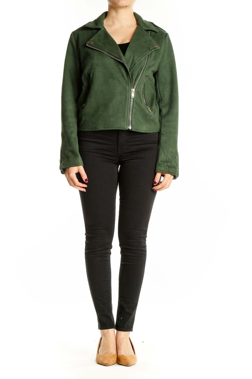 Front view of green suede moto jacket with asymmetrical zipper