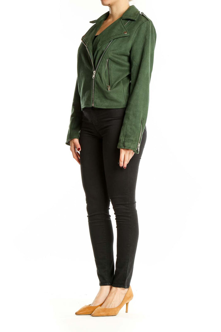Front view of green suede moto jacket with asymmetrical zipper