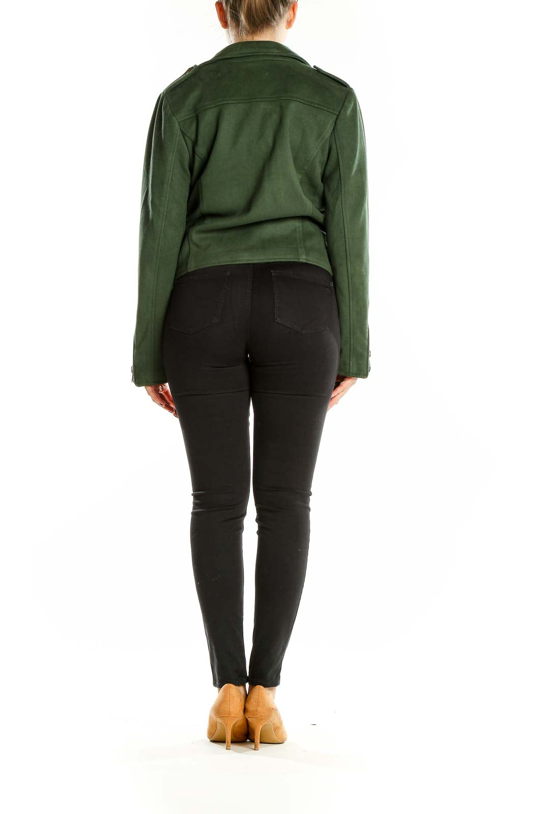 Back view of green suede moto jacket showing fitted silhouette