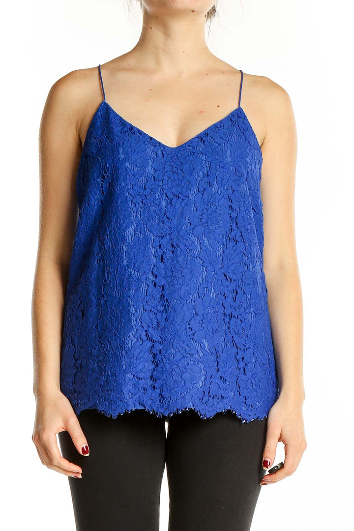 Front view of J.Crew royal blue lace camisole top with V-neckline and scalloped hem