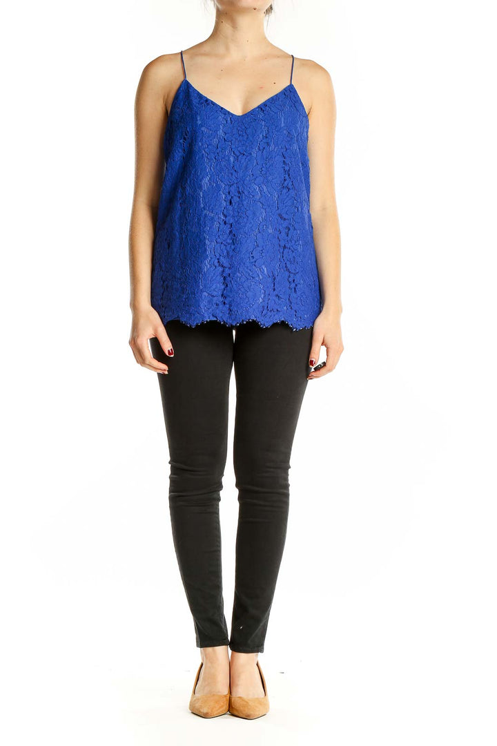 Front view of J.Crew royal blue lace camisole top with V-neckline and scalloped hem