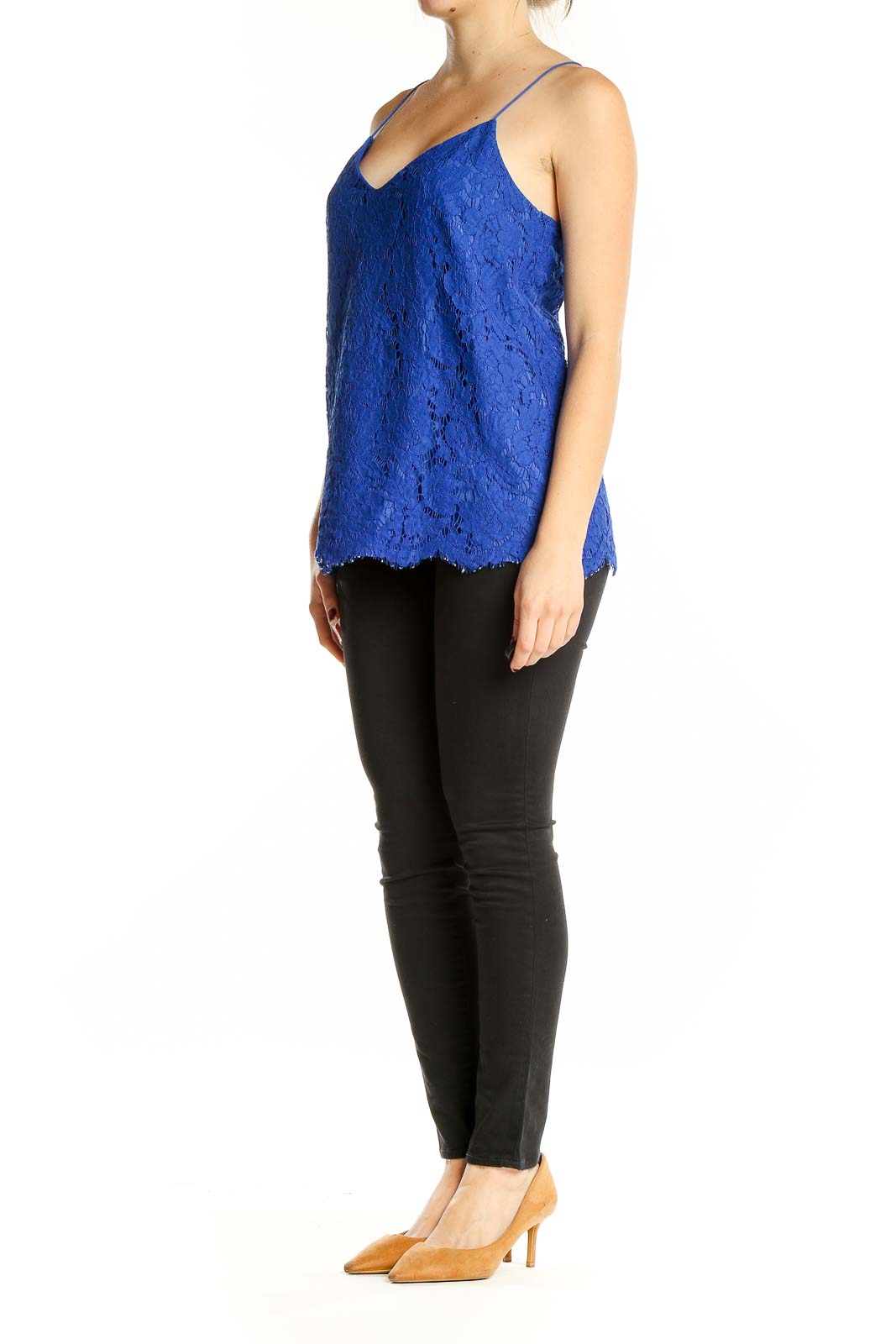 Front view of J.Crew royal blue lace camisole top with V-neckline and scalloped hem