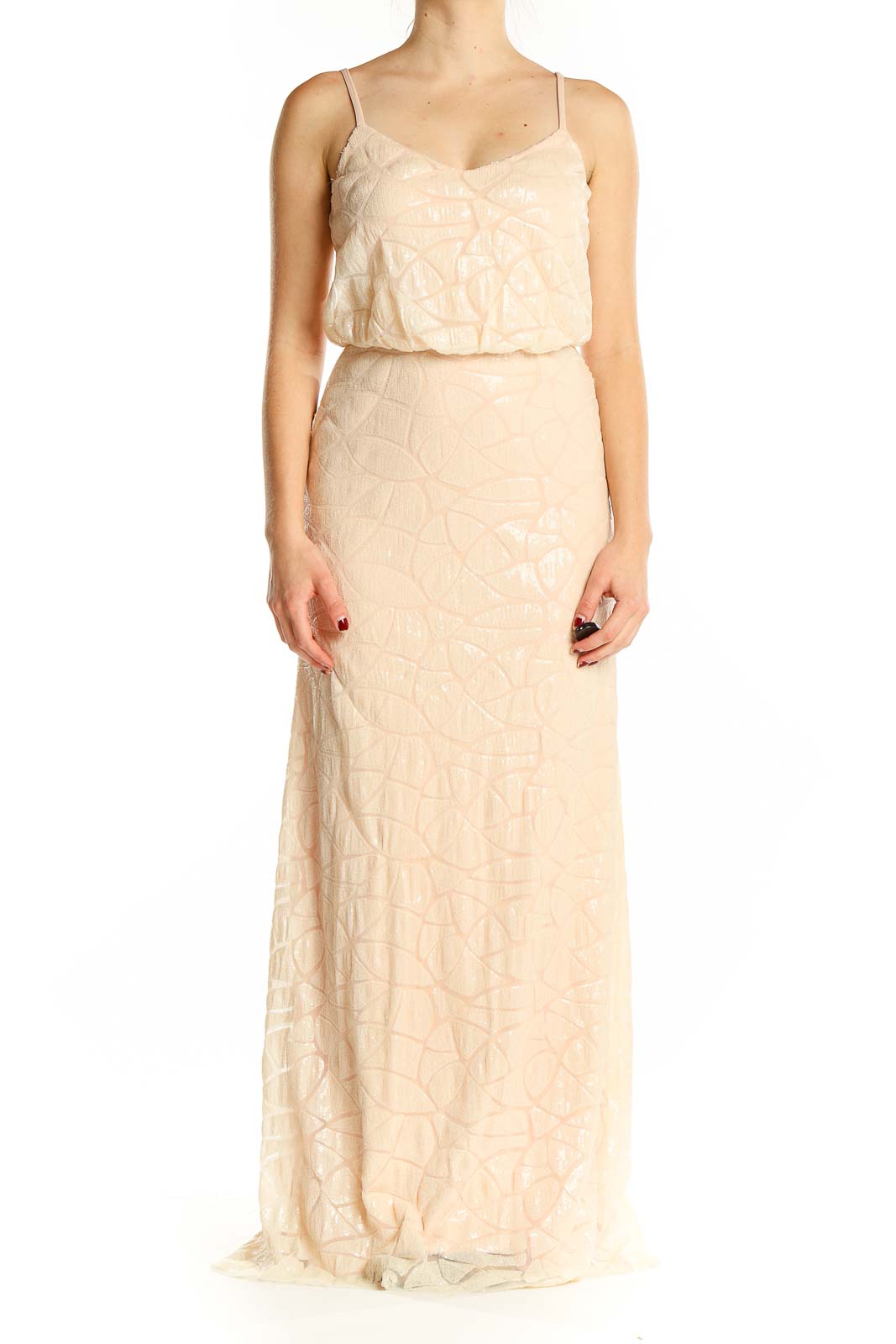 Front view of blush Slate & Willow sequin maxi dress with geometric pattern