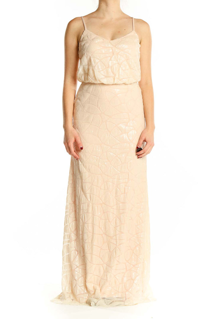 Front view of blush Slate & Willow sequin maxi dress with geometric pattern