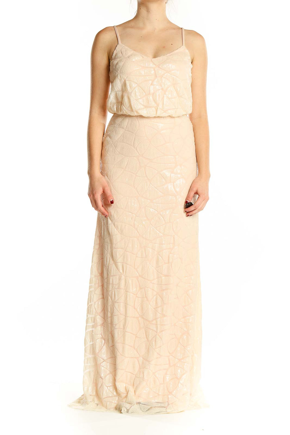 Front view of blush Slate & Willow sequin maxi dress with geometric pattern