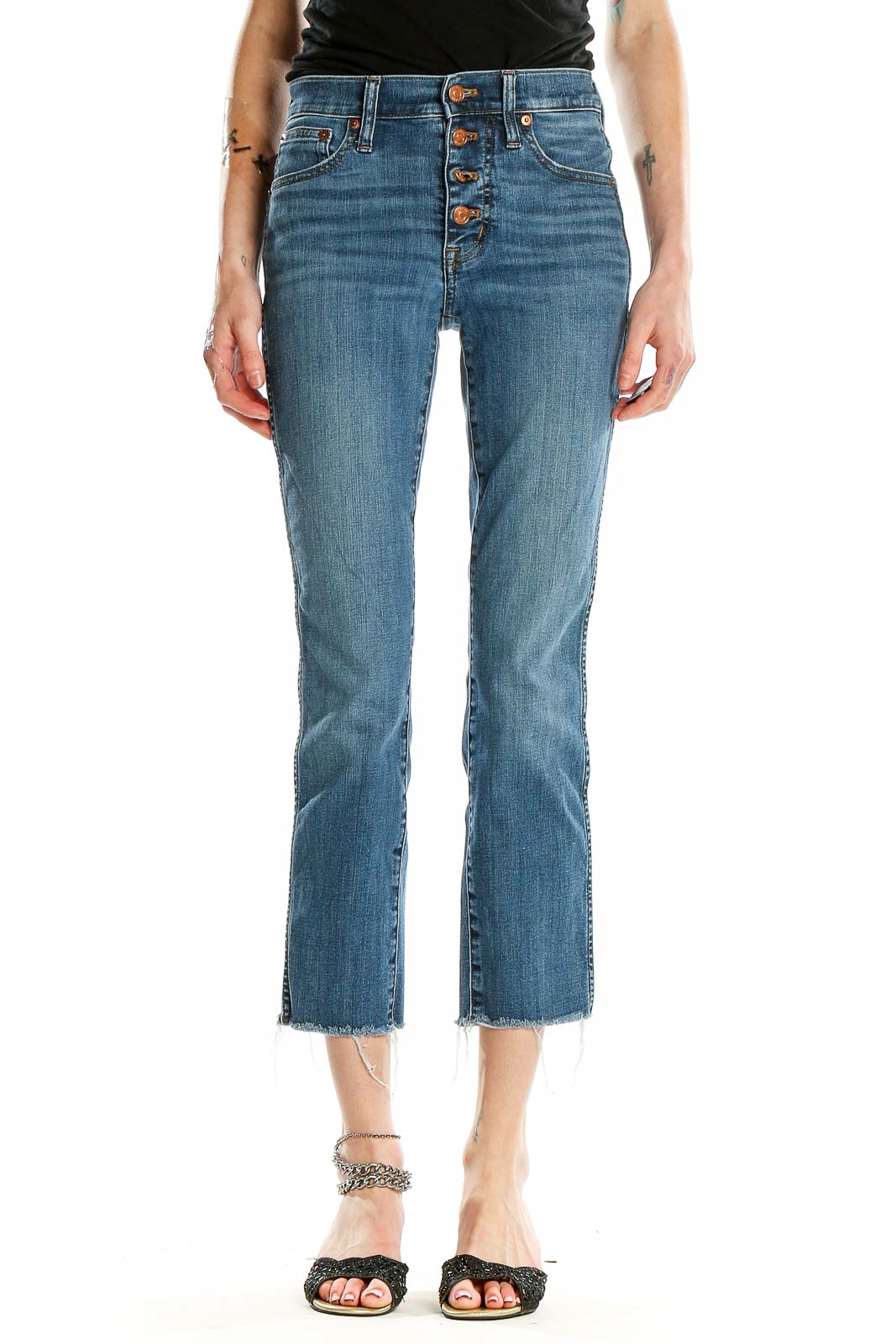 Front view of J.Crew blue cropped jeans with button-fly closure