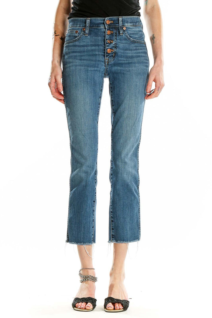 Front view of J.Crew blue cropped jeans with button-fly closure
