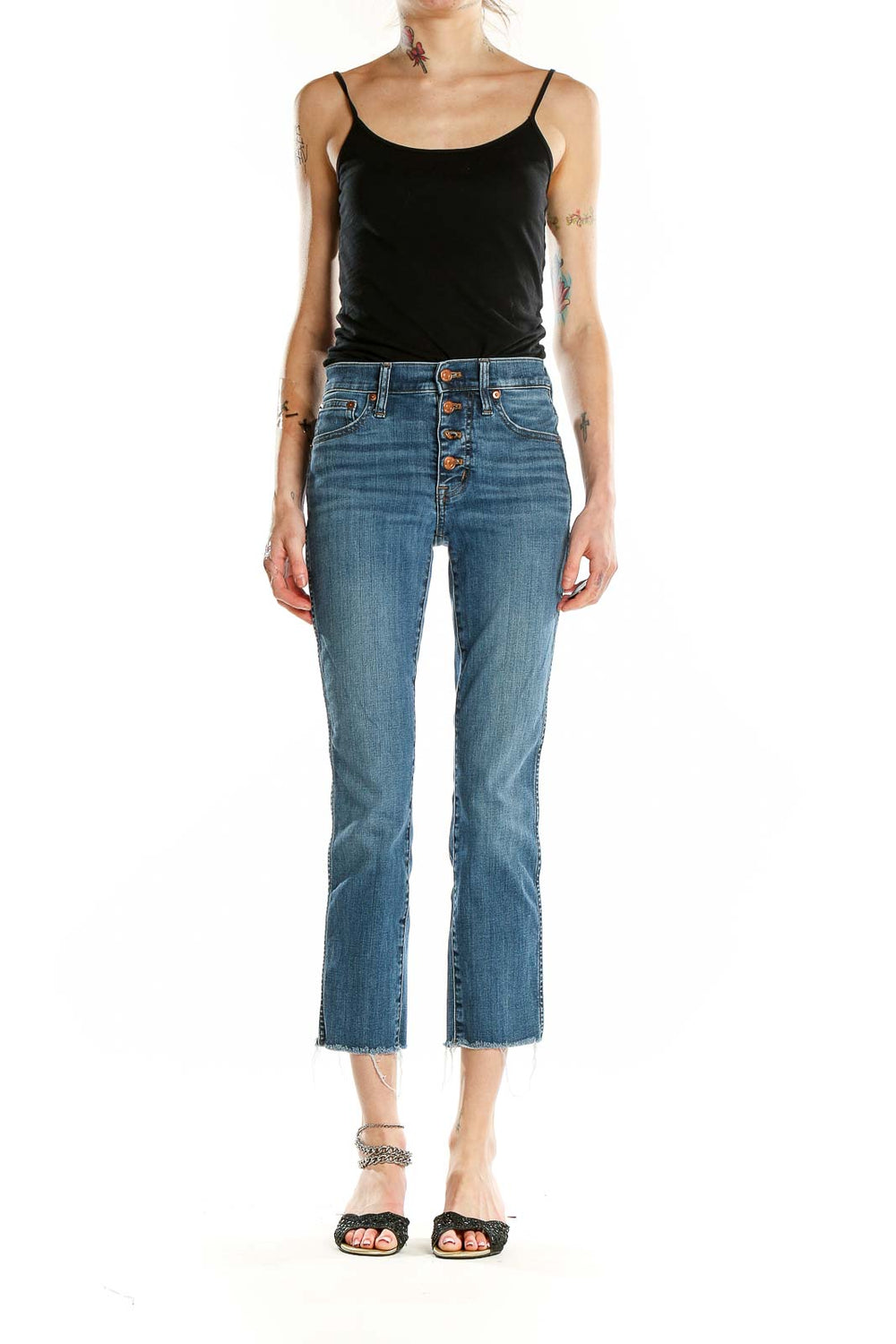 Front view of J.Crew blue cropped jeans with button-fly closure