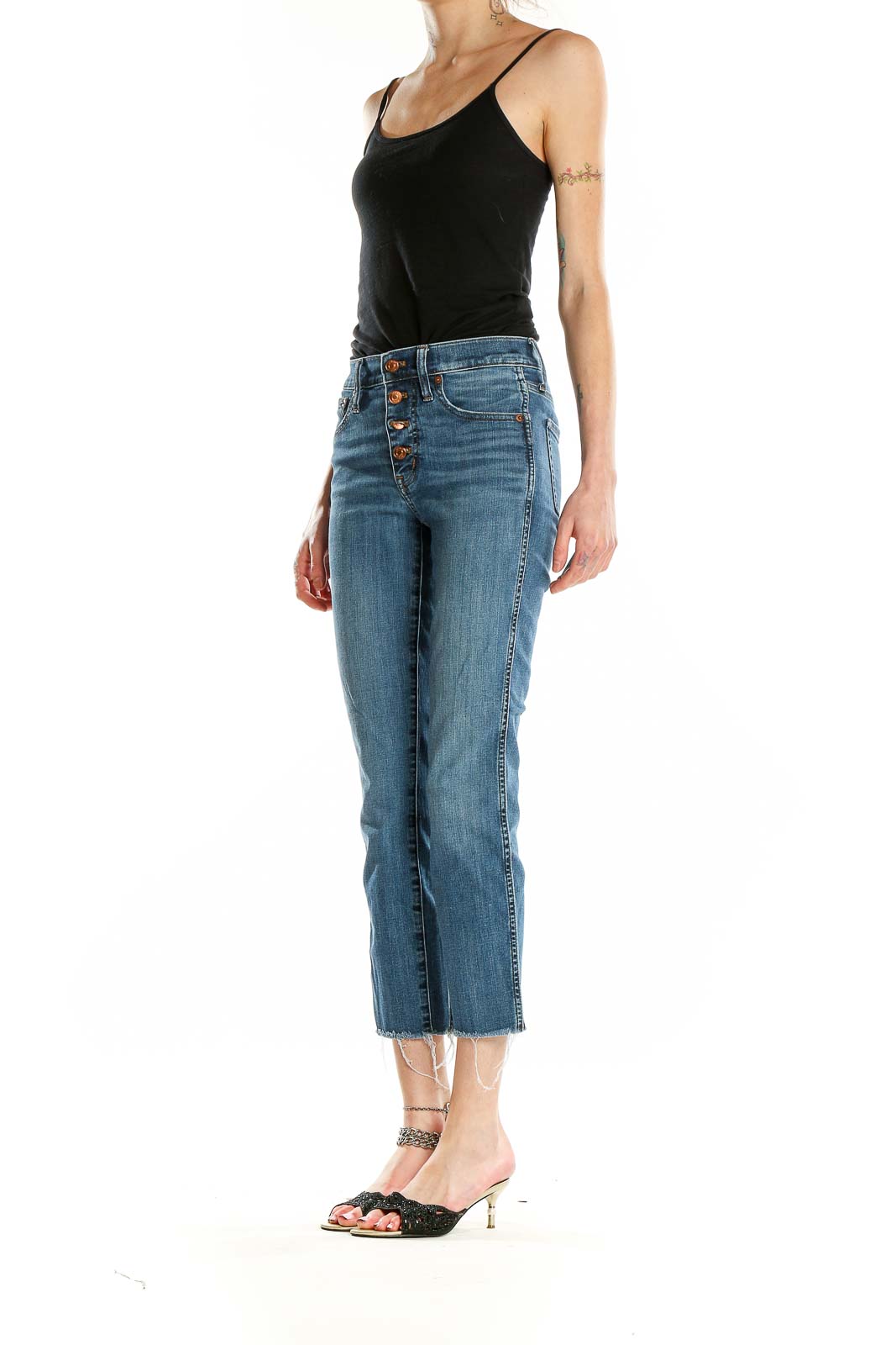 Front view of J.Crew blue cropped jeans with button-fly closure