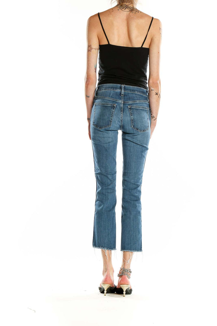 Back view of J.Crew blue cropped jeans showing pocket design