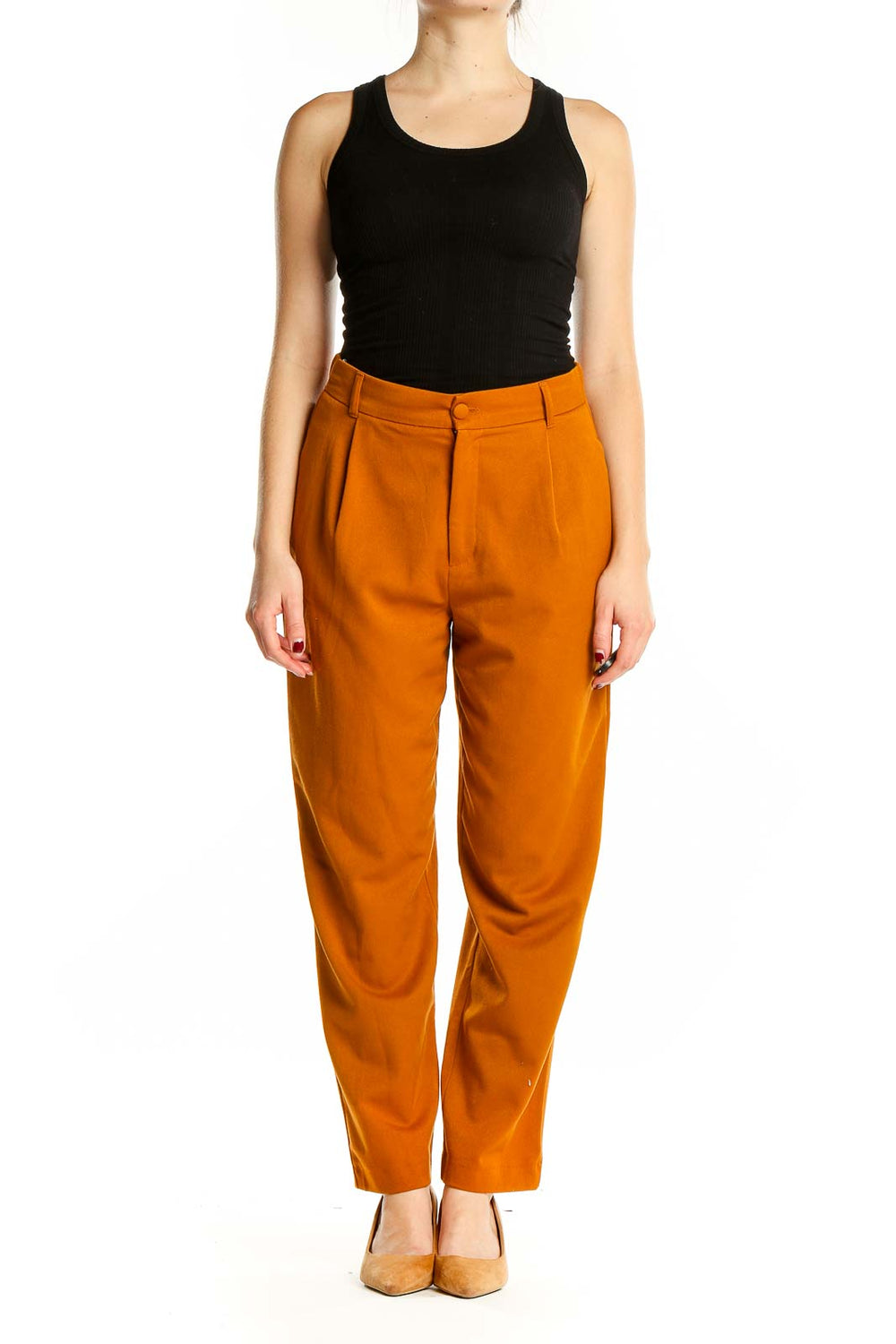 Front view of Zara orange high-waisted pleated trousers on model