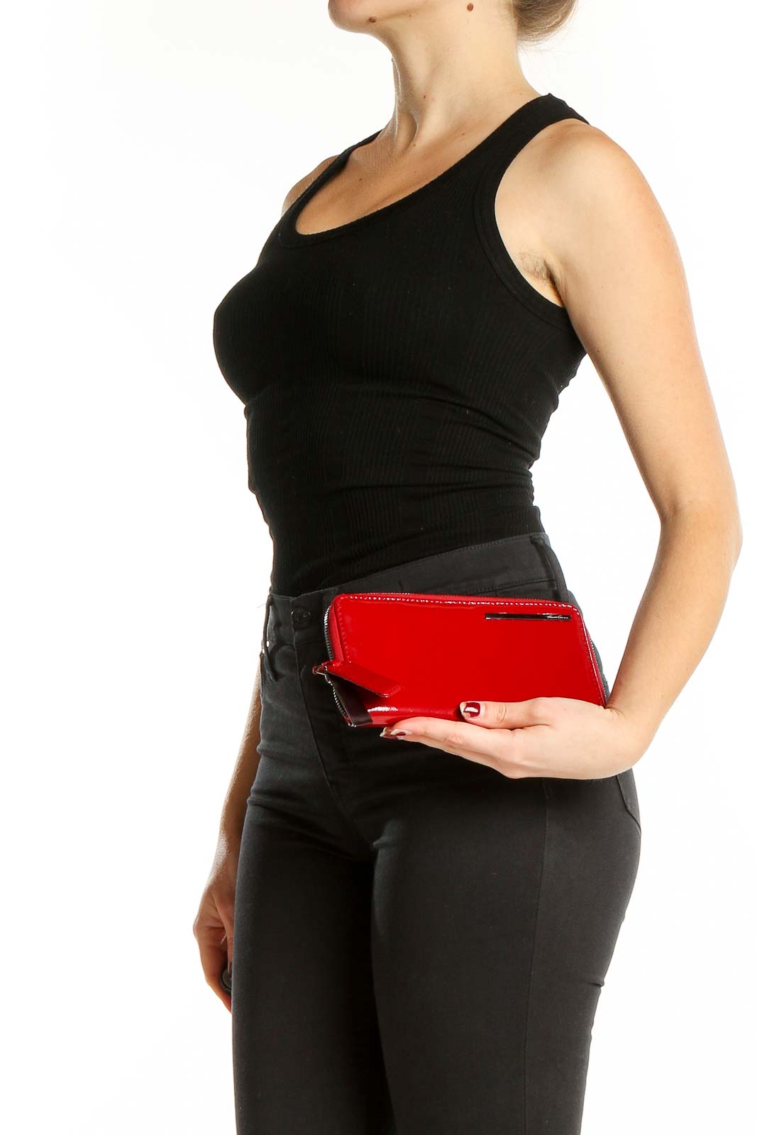 Red patent leather zip-around clutch by Kenneth Cole New York, front view