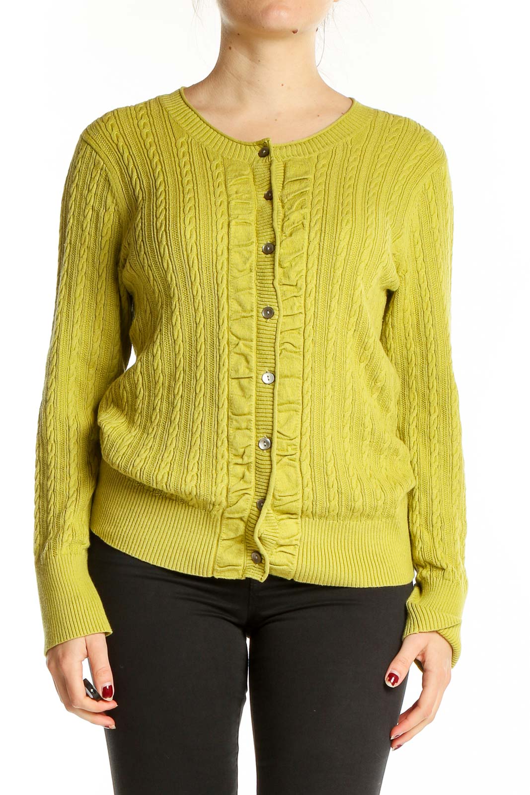 Front view of chartreuse Eddie Bauer cable knit cardigan with button-up front and ruffle detail