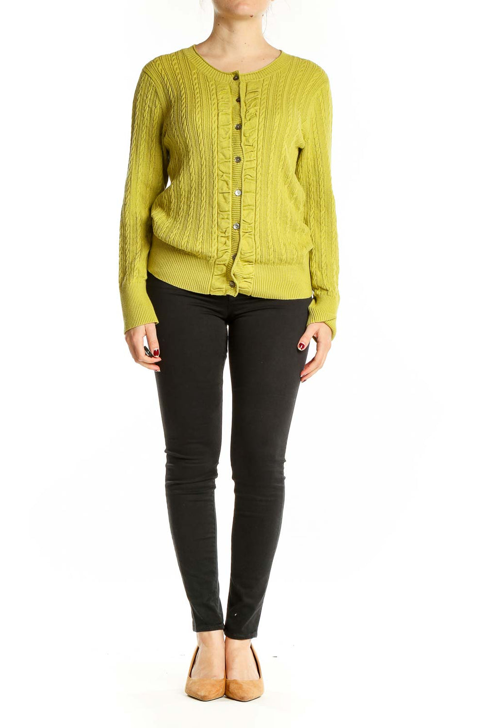 Front view of chartreuse Eddie Bauer cable knit cardigan with button-up front and ruffle detail