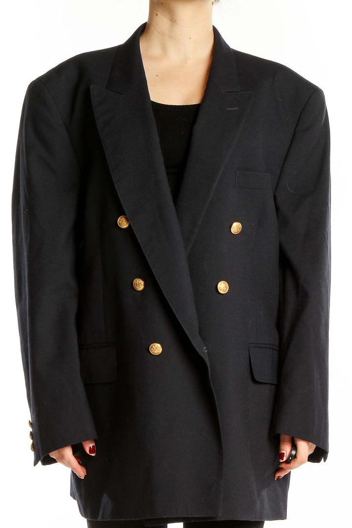 Front view of Alexandra Shields black double-breasted wool blazer with gold buttons