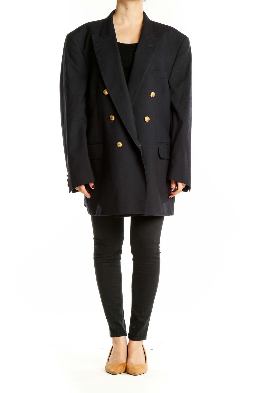 Front view of Alexandra Shields black double-breasted wool blazer with gold buttons