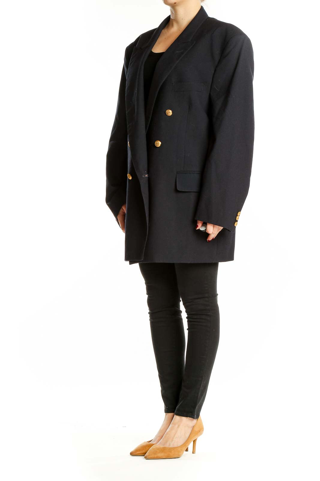 Front view of Alexandra Shields black double-breasted wool blazer with gold buttons