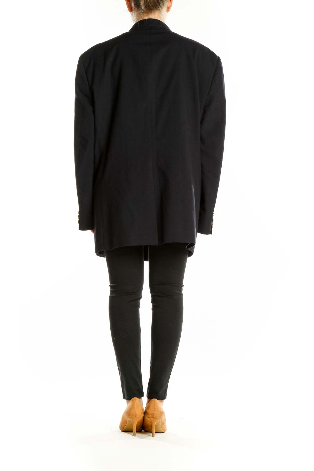 Back view of Alexandra Shields black oversized wool blazer on model